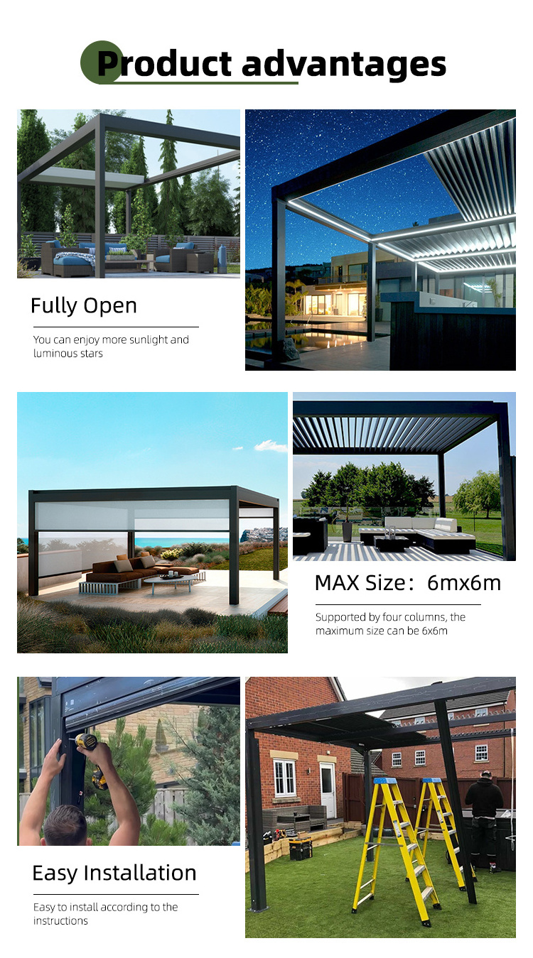 Progola Modern Gazebo Outdoor Garden Motorized Louver Louvered Shade Bioclimatic Automatic Aluminum Retractable Roof Pergola