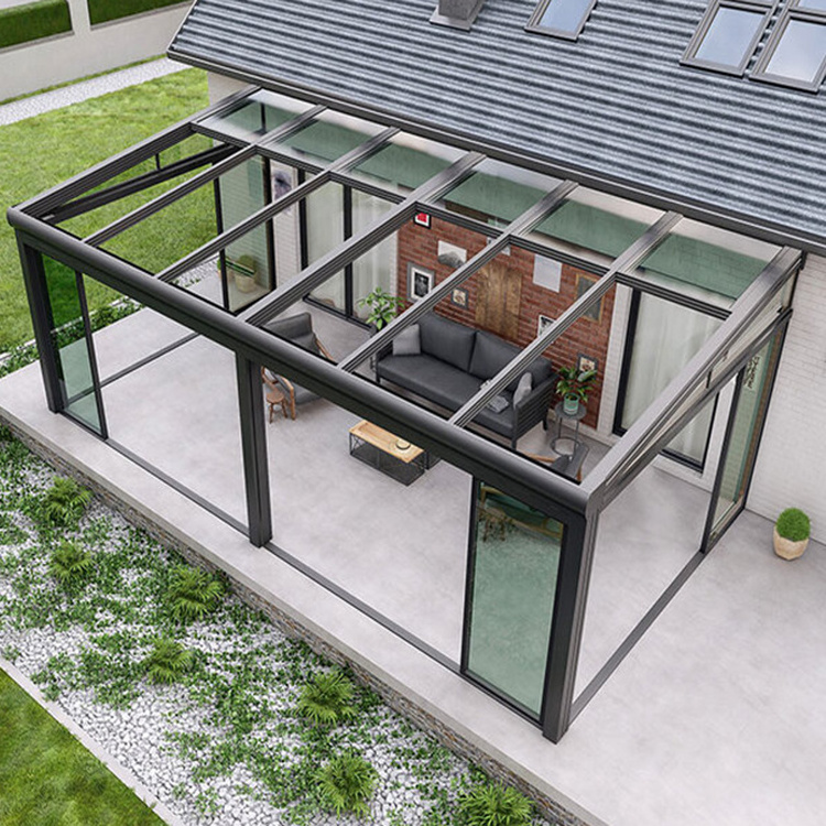 Progola Customized Aluminum Frame Retractable Awning Roof Sliding Tempered Insulated Glass Greenhouse Sunroom Houses