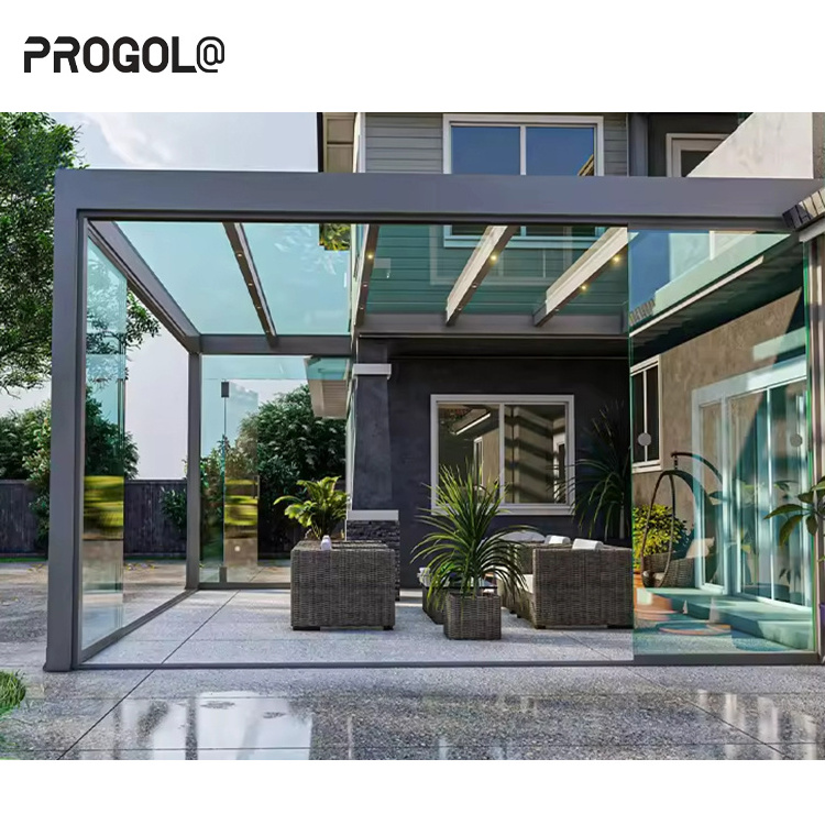 Progola Aluminium Patio Enclosure Glass House Retractable Glass Sunroom Garden Veranda With Sliding Door Sunrooms 4 Season