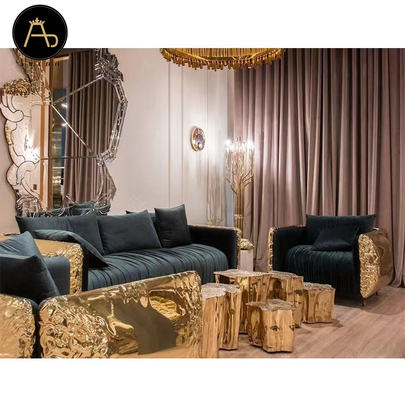 Luxury design living room gold arm luxury sofa couch fabrics velvet metal legs feet sofa set furniture genuine leather sofas