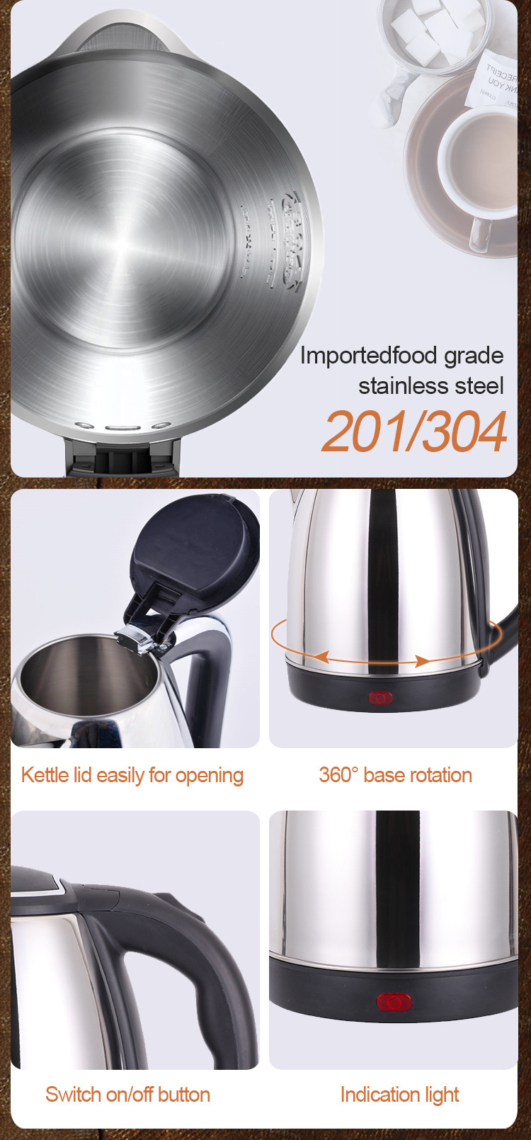 Home appliances  stainless steel electric kettle 1.8L/2.0L/2.5L auto shut-off tea maker