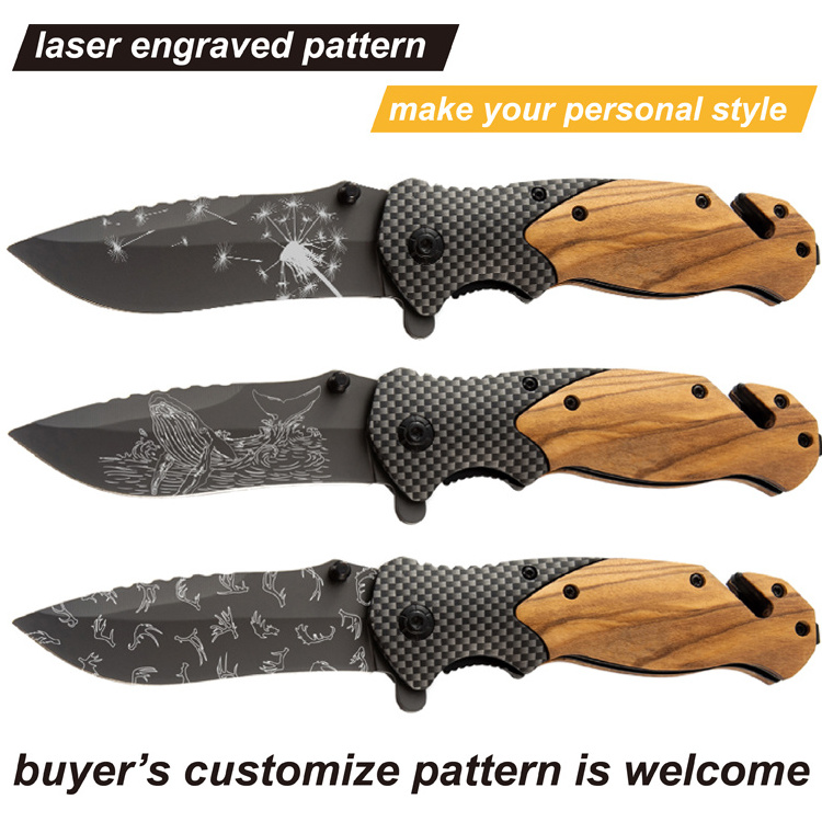 X50 olive wood handle folding knife customized pattern laser engraved titanium coated blade pocket knife outdoor gift EDC knife