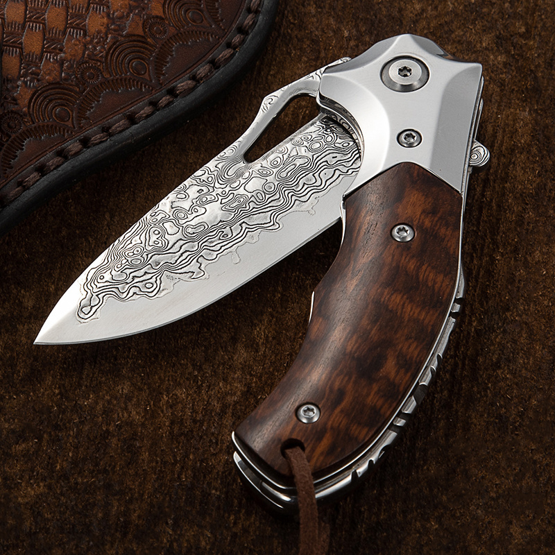 Handmade exquisite pakistan damascus tactical hunting survival wood handle pocket folding knives with leather sheath