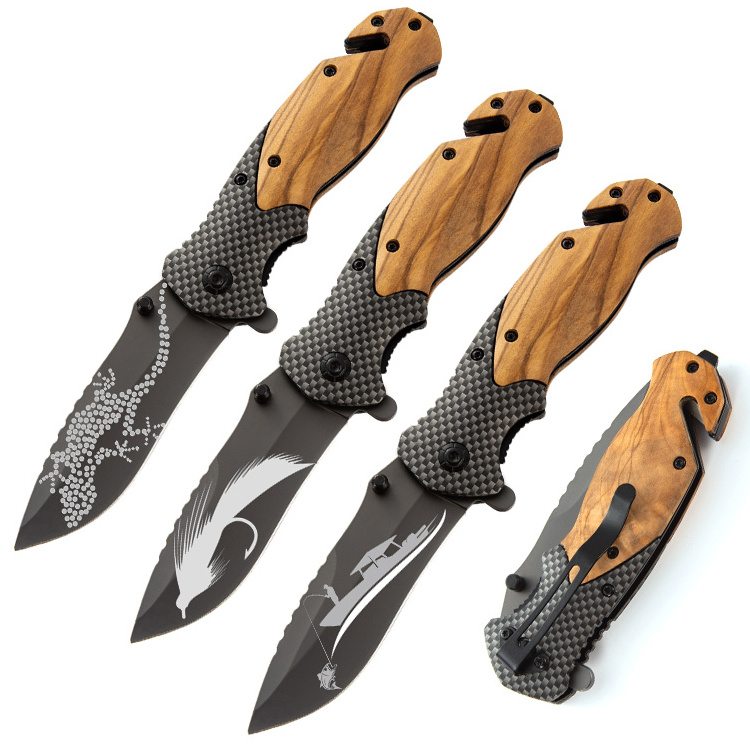 X50 olive wood handle folding knife customized pattern laser engraved titanium coated blade pocket knife outdoor gift EDC knife