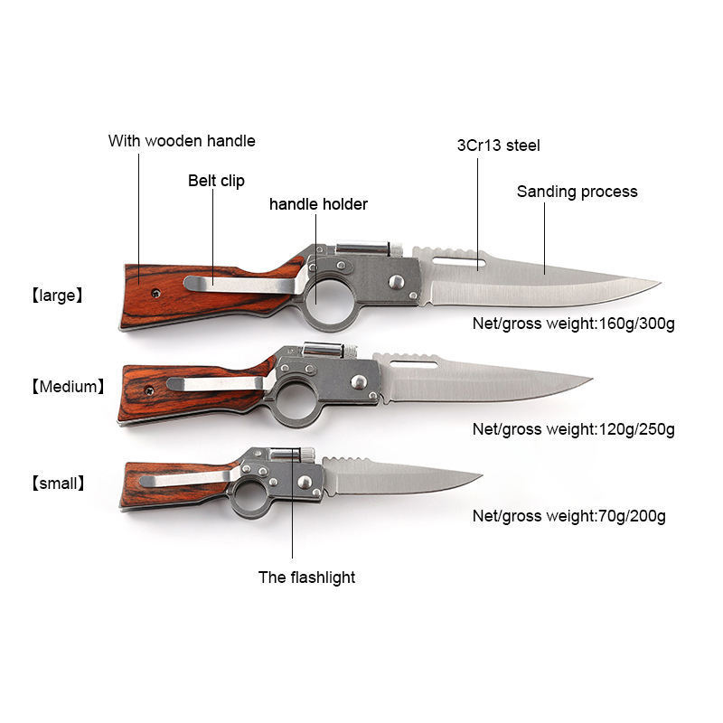 Folding wedding gifts LED light mini flashlight outdoor protection multi tool  engrave wooden handle tactical pocket knife