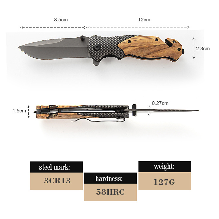 X50 olive wood handle folding knife customized pattern laser engraved titanium coated blade pocket knife outdoor gift EDC knife