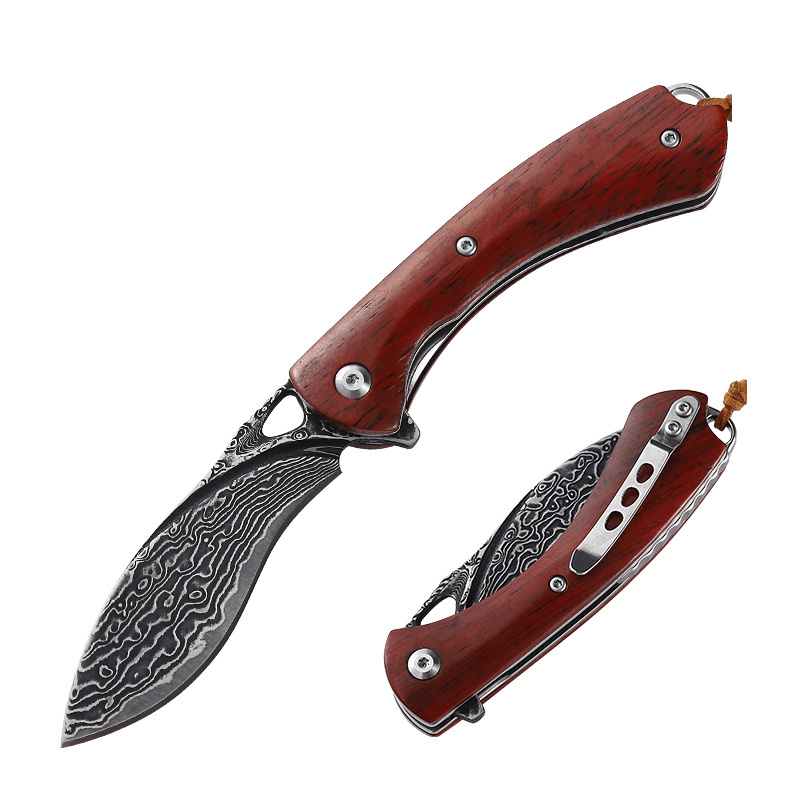 High quality handmade pakistan damascus steel folding outdoor bushcraft hunting pocket knife wooden handle