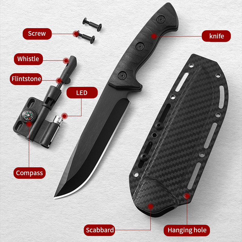 full tang hunting knife with carbon fiber sheath multifunctional mounting compass flint whistle LED straight knife outdoor