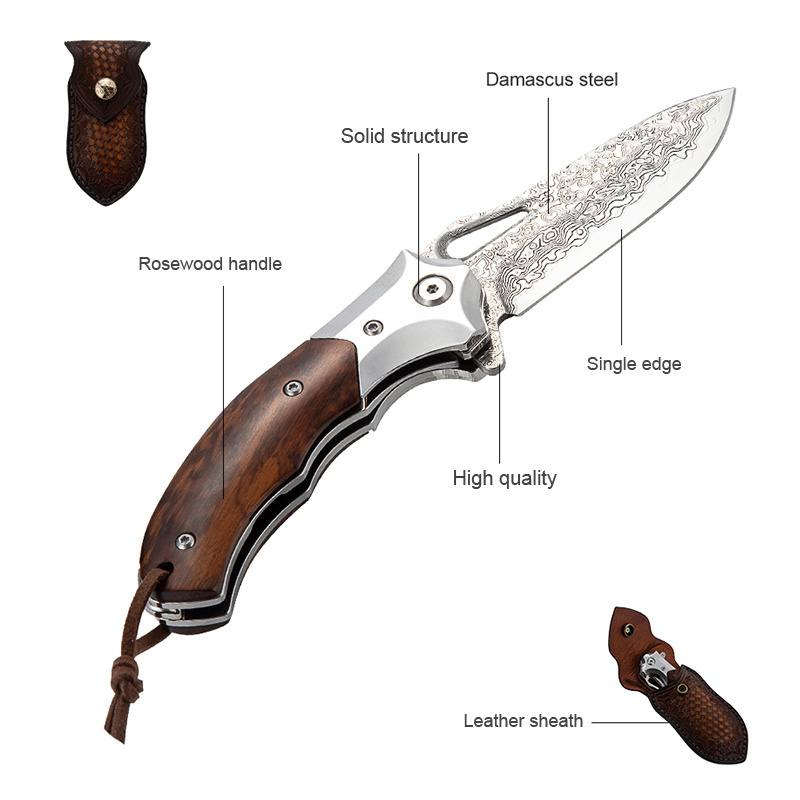 Handmade exquisite pakistan damascus tactical hunting survival wood handle pocket folding knives with leather sheath