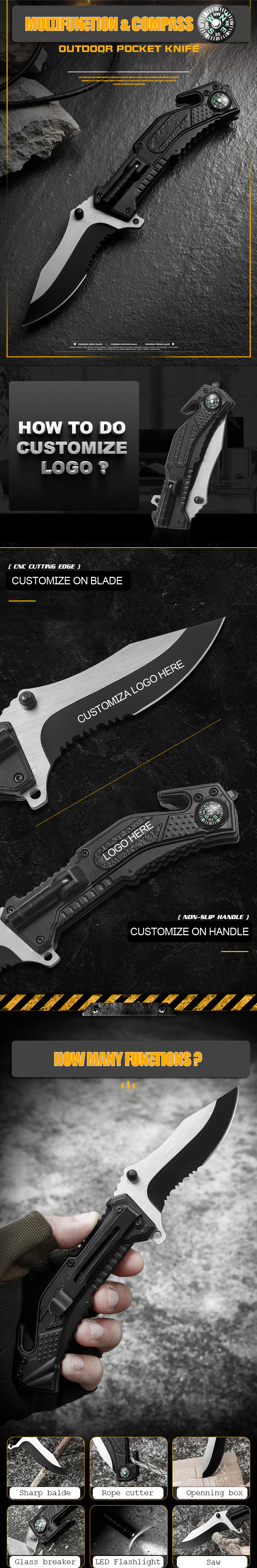 Hunting outdoor knives blank multi tool multitool folding pocket survival knife with compass flashlight