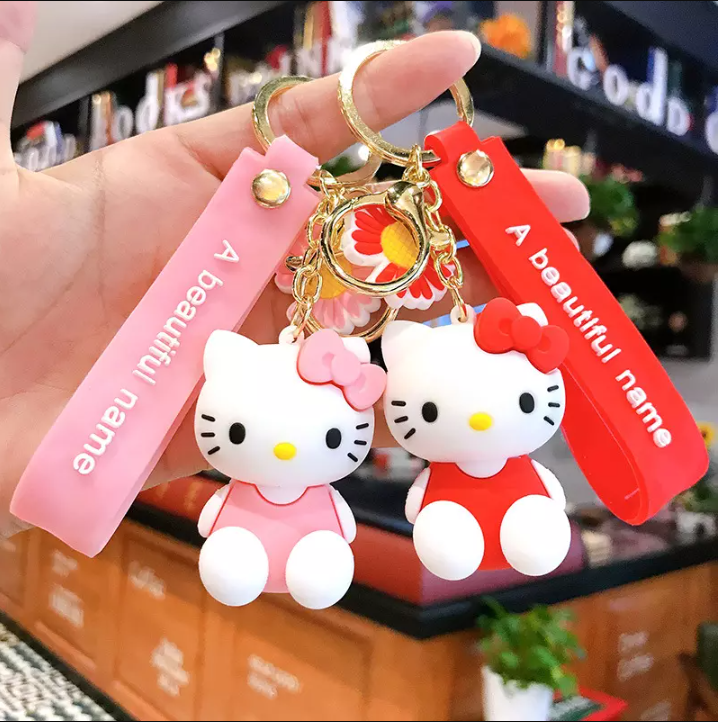 Cute kitty milk tea keychain hello metal enamel keychains liquid plush wristlet keyrings for girls