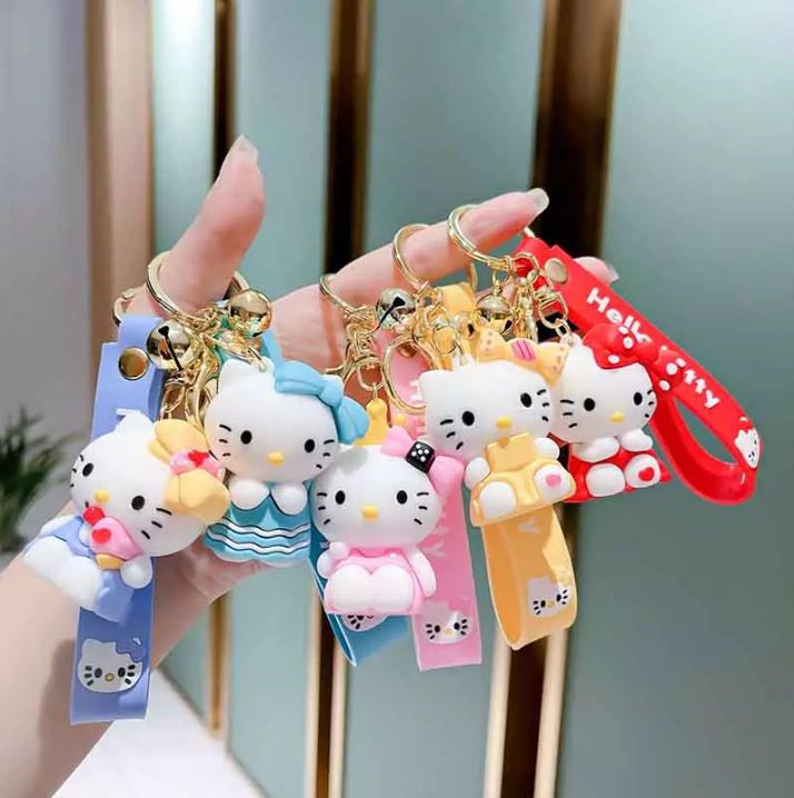 Cute kitty milk tea keychain hello metal enamel keychains liquid plush wristlet keyrings for girls