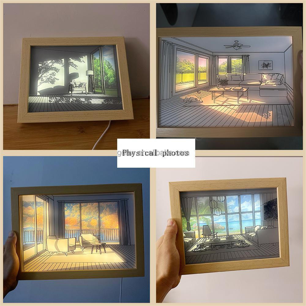 Table Decorative 3d Frame Lamp Night Light Painting Wooden For Wood Stand Led Art Frame Light Wall Bedside Up Photo