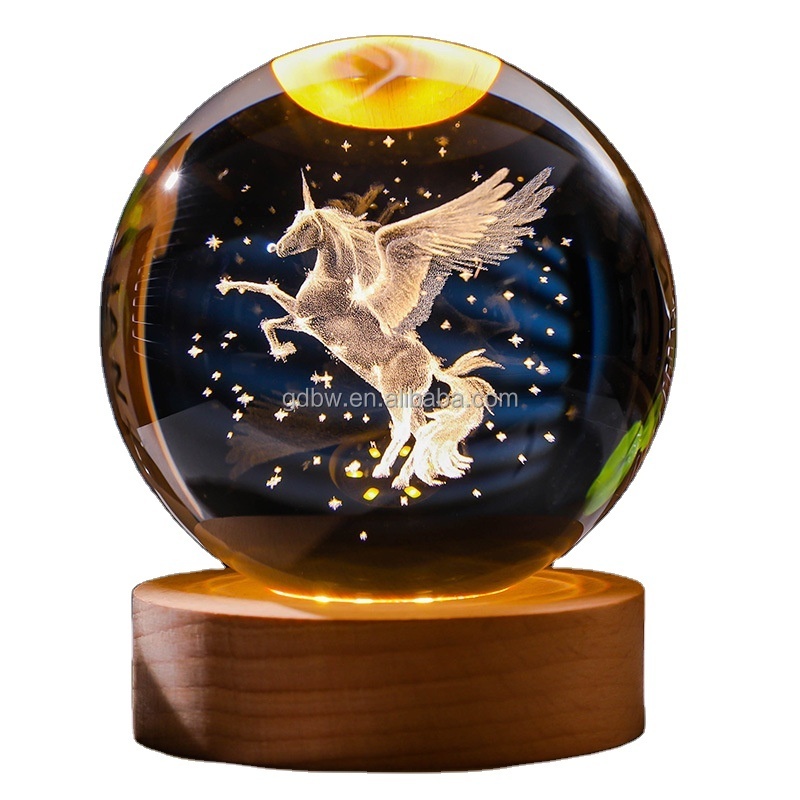 Home Decor Table Lamp Laser Engraved unicorn Night Light  Led Night Lights 3d Art Crystal Ball light