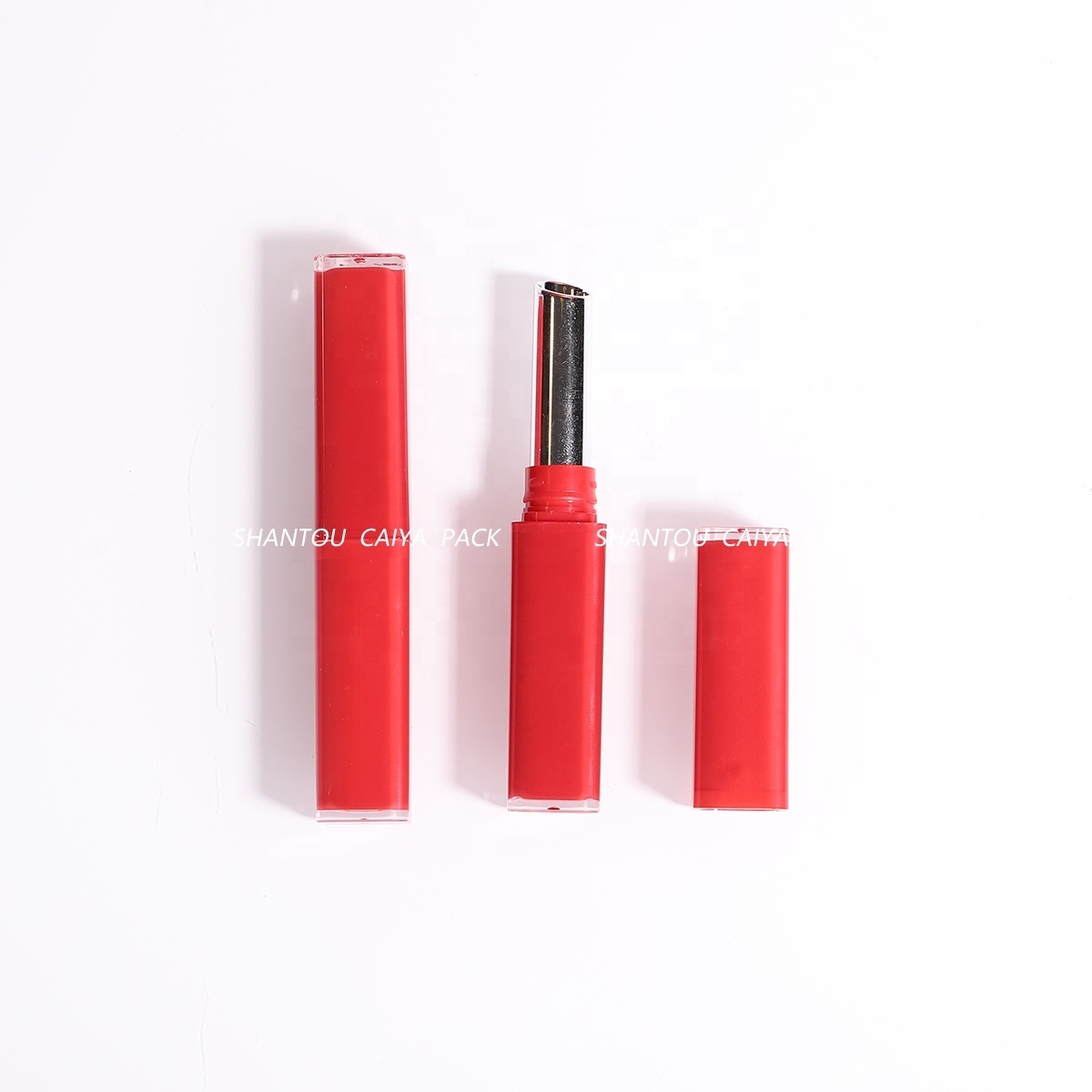 Candy Red Clear Plastic Cosmetic Packaging Long Square Lip Balm Tube Double Walled Layer Slim Empty Chapstick Lipstick Container