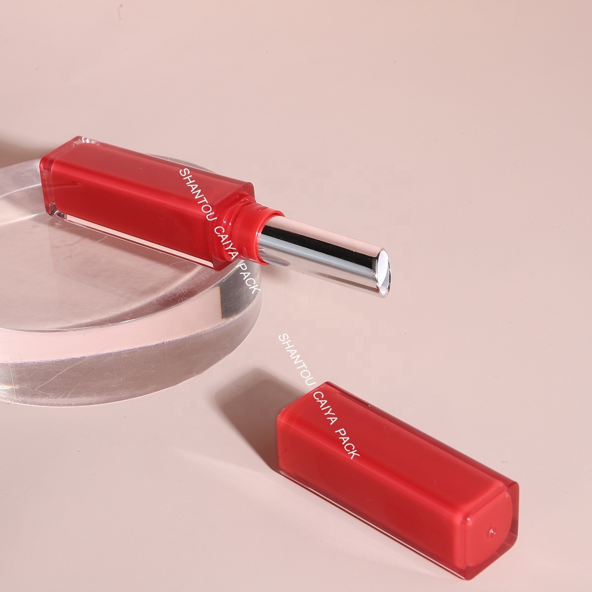 Candy Red Clear Plastic Cosmetic Packaging Long Square Lip Balm Tube Double Walled Layer Slim Empty Chapstick Lipstick Container