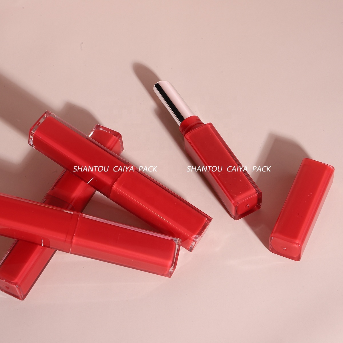 Candy Red Clear Plastic Cosmetic Packaging Long Square Lip Balm Tube Double Walled Layer Slim Empty Chapstick Lipstick Container