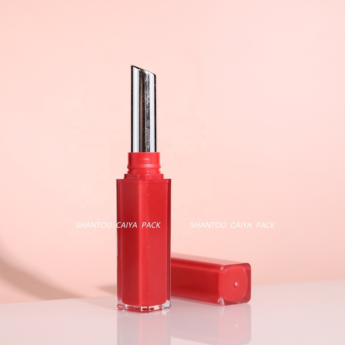 Candy Red Clear Plastic Cosmetic Packaging Long Square Lip Balm Tube Double Walled Layer Slim Empty Chapstick Lipstick Container