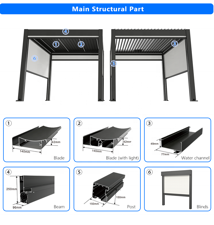 European style Outdoor Patio Pergola Waterproof Motorized Gazebo With Blinds And Lights aluminum pergola with adjustable louvers