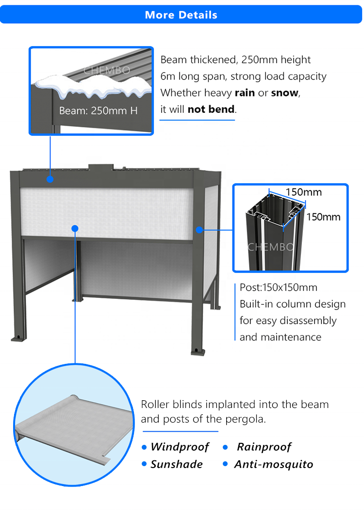 European style Outdoor Patio Pergola Waterproof Motorized Gazebo With Blinds And Lights aluminum pergola with adjustable louvers