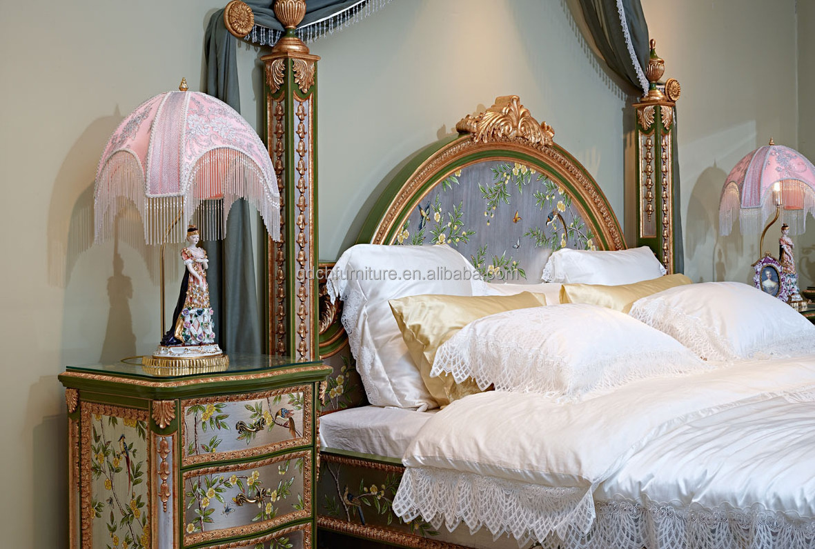 Luxury classic rococo french bed wooden frame king size bed set for bedroom furniture Handicraft painting Solid wood bed