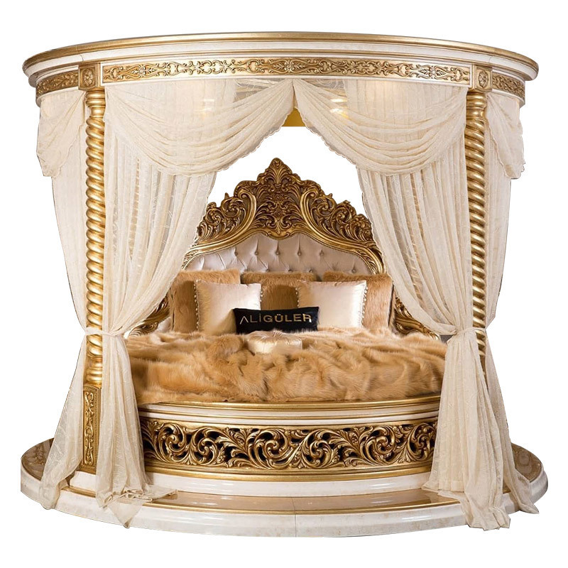 European Ialian Round Bed Solid Wood Antique Hand Carved wooden Beds Luxury Palace Gold Leaf Round Bed sets