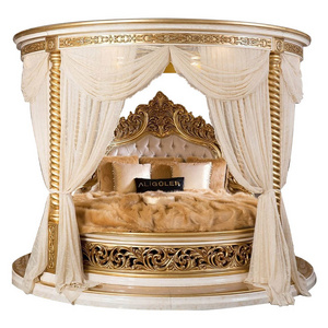 European Ialian Round Bed Solid Wood Antique Hand Carved wooden Beds Luxury Palace Gold Leaf Round Bed sets