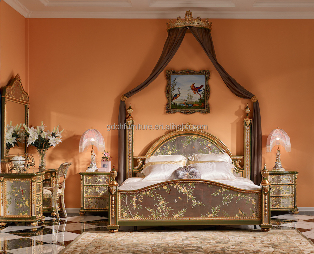 Luxury classic rococo french bed wooden frame king size bed set for bedroom furniture Handicraft painting Solid wood bed