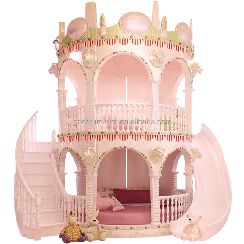 Beautiful Lovely Pink Castle Bed Girls Furniture solid wood Bedroom luxury Princess Girl Slide Children Bed