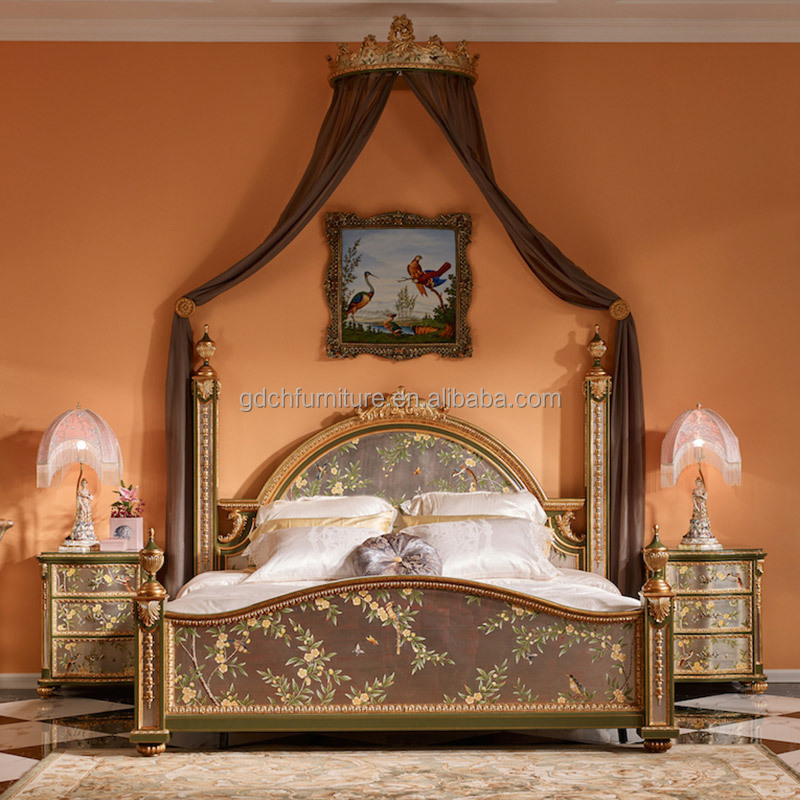 Luxury classic rococo french bed wooden frame king size bed set for bedroom furniture Handicraft painting Solid wood bed