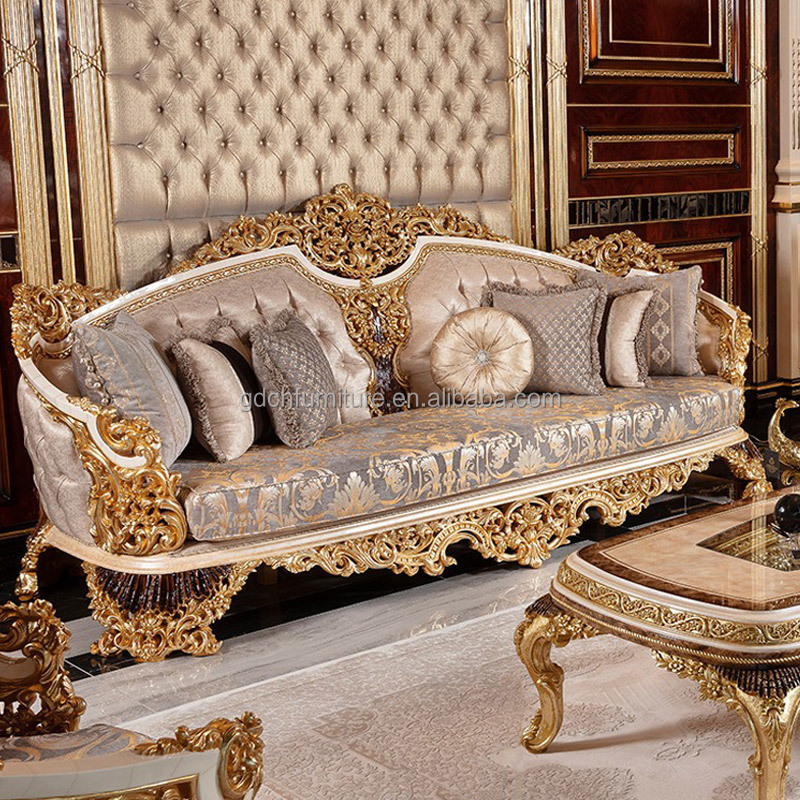 Gold foil sofa combination French luxury palace villa solid wood carved sofa large living room customized furniture