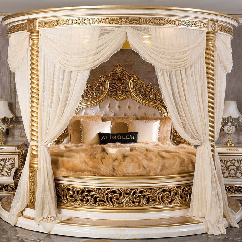 European Ialian Round Bed Solid Wood Antique Hand Carved wooden Beds Luxury Palace Gold Leaf Round Bed sets