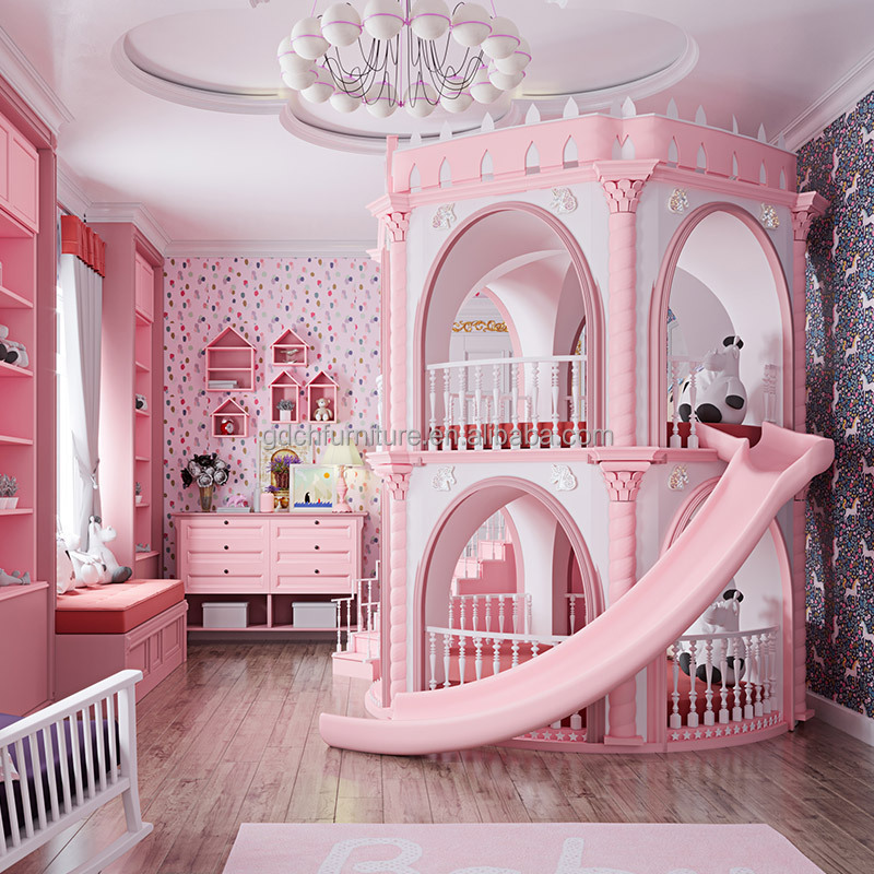 Beautiful Lovely Pink Girls Furniture solid wood Bedroom luxury Princess Girl Slide Children Castle Bed