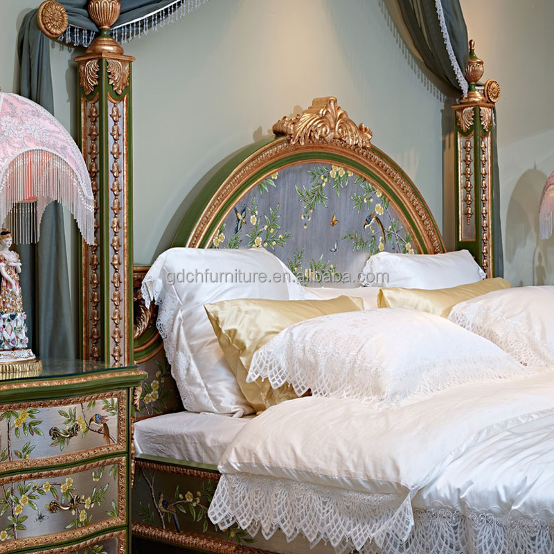 Luxury classic rococo french bed wooden frame king size bed set for bedroom furniture Handicraft painting Solid wood bed