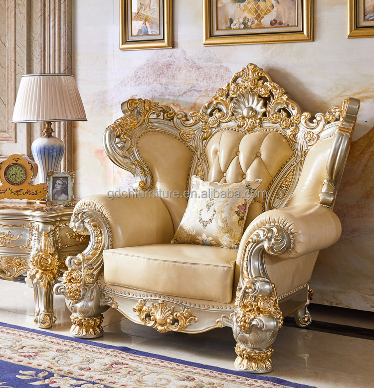 European luxury Carved With Gold Color solid wood carved sofa French Royal living room furniture wooden sofa set