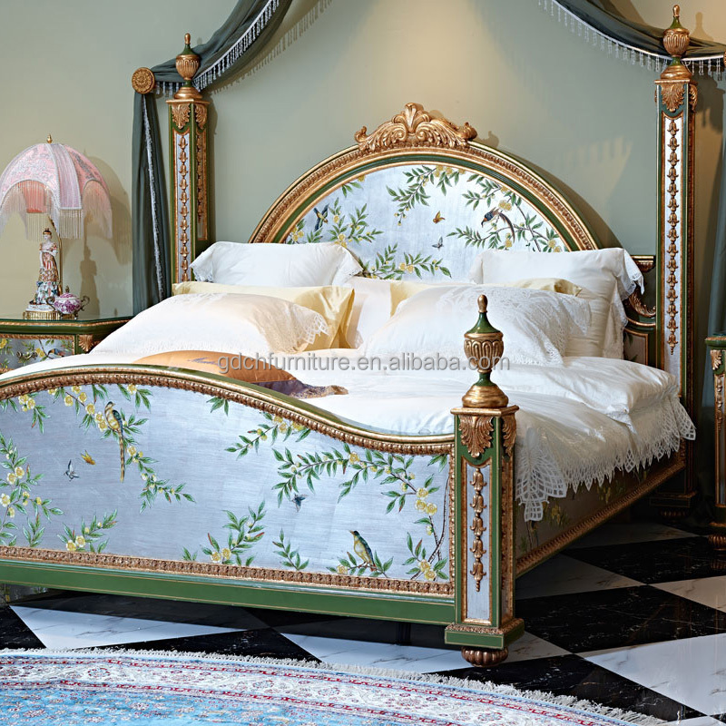 Luxury classic rococo french bed wooden frame king size bed set for bedroom furniture Handicraft painting Solid wood bed