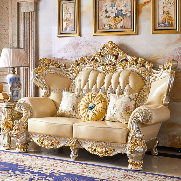 European luxury Carved With Gold Color solid wood carved sofa French Royal living room furniture wooden sofa set