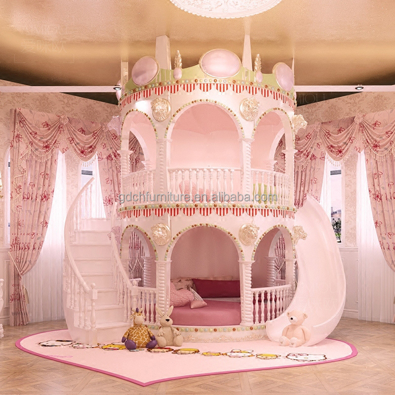 Beautiful Lovely Pink Castle Bed Girls Furniture solid wood Bedroom luxury Princess Girl Slide Children Bed