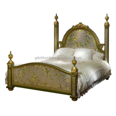 Luxury classic rococo french bed wooden frame king size bed set for bedroom furniture Handicraft painting Solid wood bed