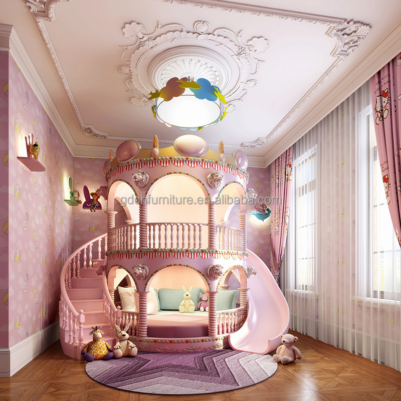 Beautiful Lovely Pink Castle Bed Girls Furniture solid wood Bedroom luxury Princess Girl Slide Children Bed