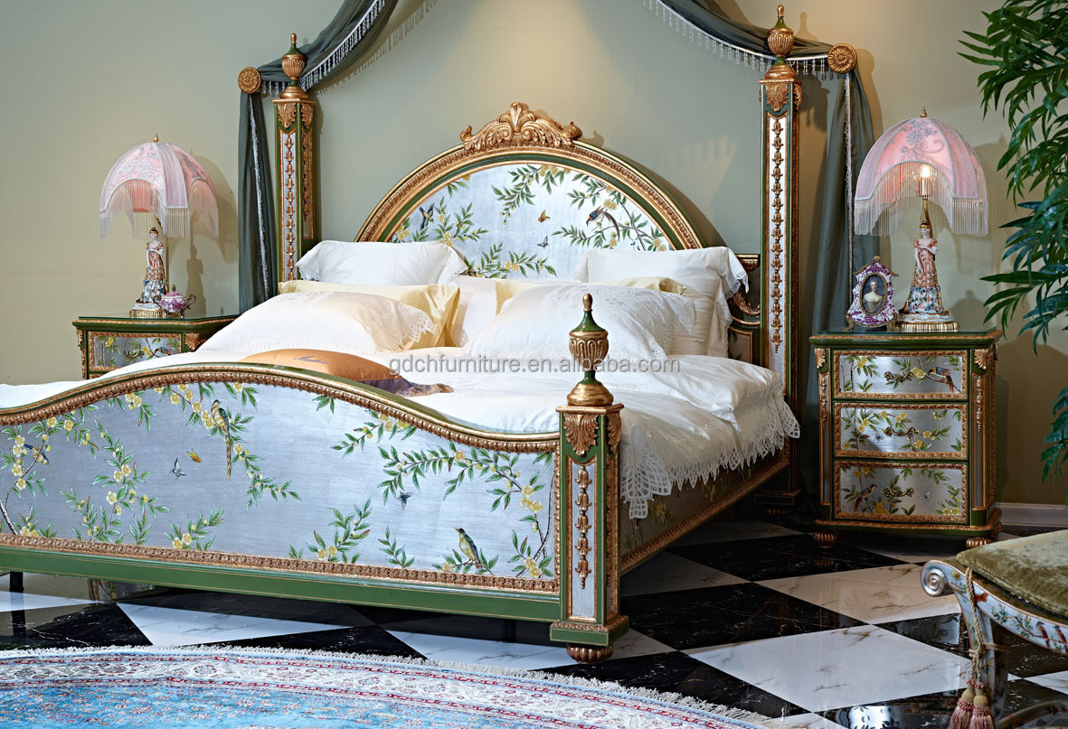 Luxury classic rococo french bed wooden frame king size bed set for bedroom furniture Handicraft painting Solid wood bed