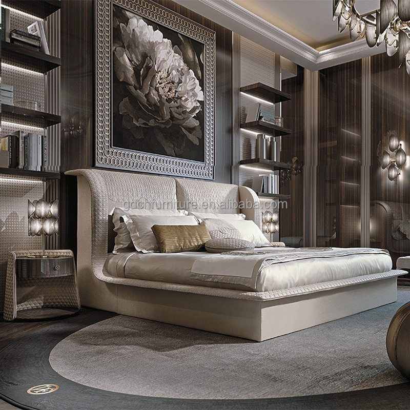 luxury bed home furniture king size bedroom set Italian furniture grey fabric king size soft villa bed