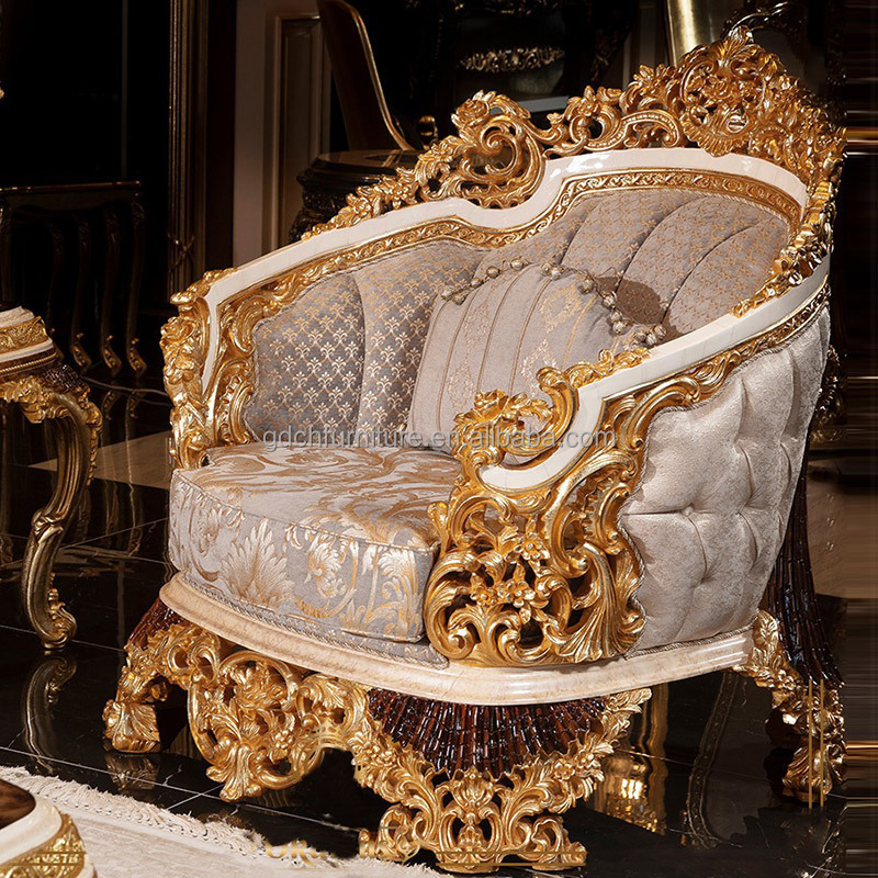 Gold foil sofa combination French luxury palace villa solid wood carved sofa large living room customized furniture