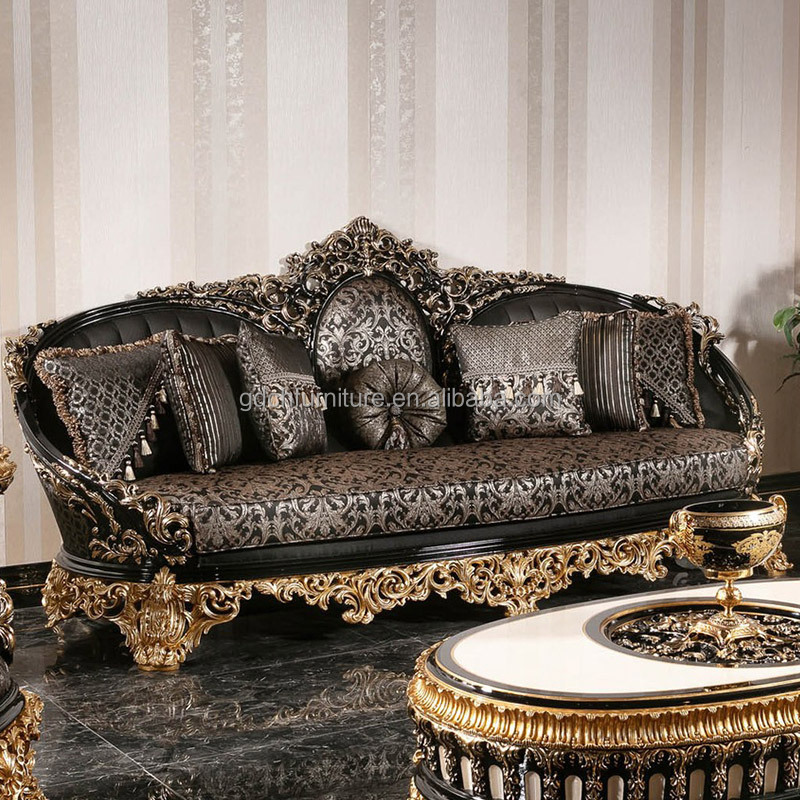 European gold foil sofa sets Classic living room French villa luxury furniture Hand carved wooden fabric sofa