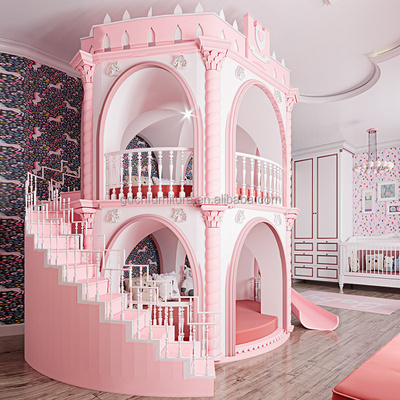 Beautiful Lovely Pink Girls Furniture solid wood Bedroom luxury Princess Girl Slide Children Castle Bed