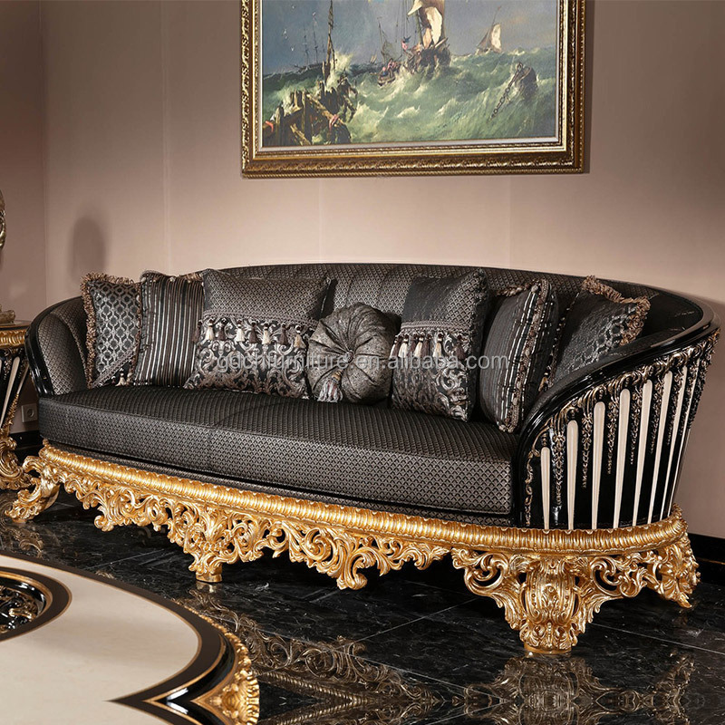 European gold foil sofa sets Classic living room French villa luxury furniture Hand carved wooden fabric sofa