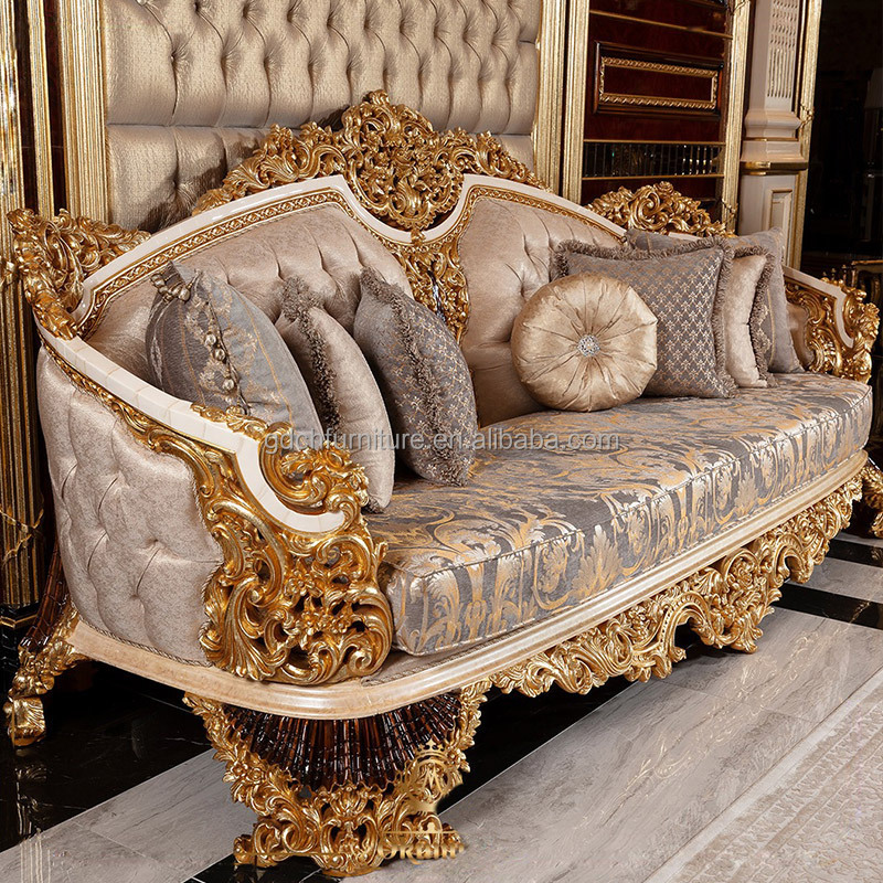 Gold foil sofa combination French luxury palace villa solid wood carved sofa large living room customized furniture