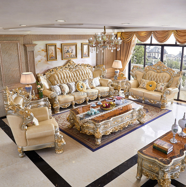 European luxury Carved With Gold Color solid wood carved sofa French Royal living room furniture wooden sofa set