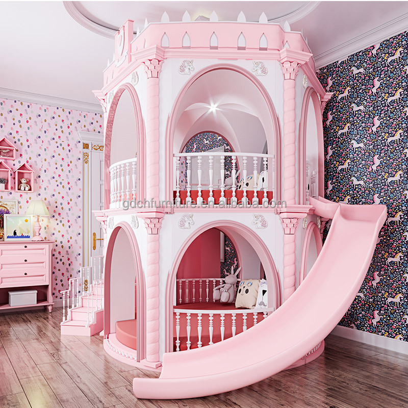 Beautiful Lovely Pink Girls Furniture solid wood Bedroom luxury Princess Girl Slide Children Castle Bed