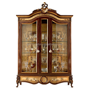 Golden Display Magnificent Living Room Furniture Golden Carvings Vitrine Solid Wood Luxurious Baroque Glass Cabinet